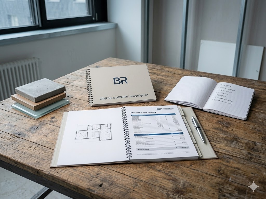 Briefing und Offerte: Grundriss, Kostenübersicht und Materialproben auf dem Tisch