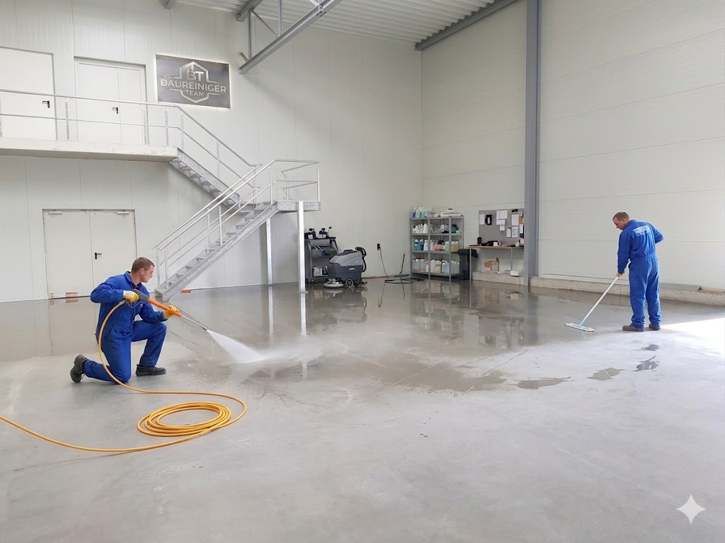Team bei der professionellen Hallen- und Industriereinigung mit Hochdruck und Bodenpflege